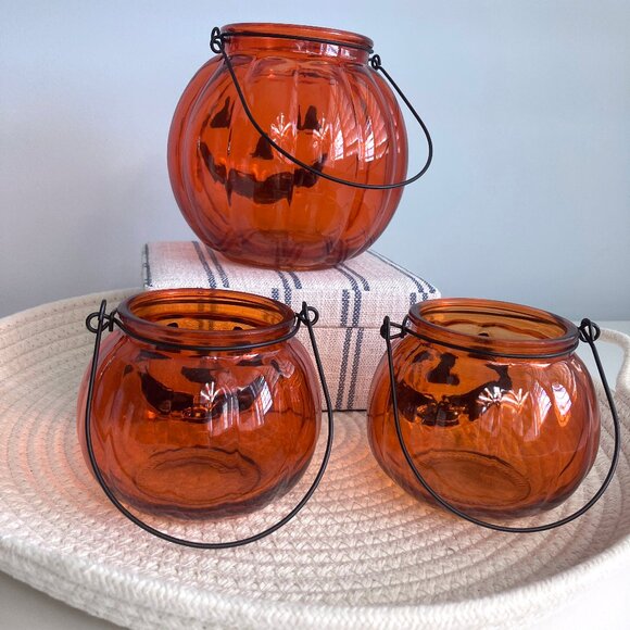 Halloween Glass Pumpkin Orange Tea Light Votive Candle Holders Bowls Set Decor - Picture 11 of 11